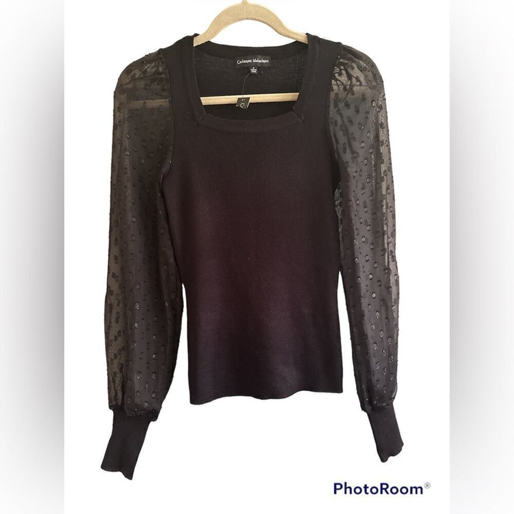 Catherine Malandrino Sheer Polka Dot Sleeve Square Neckline Sweater Size S Black